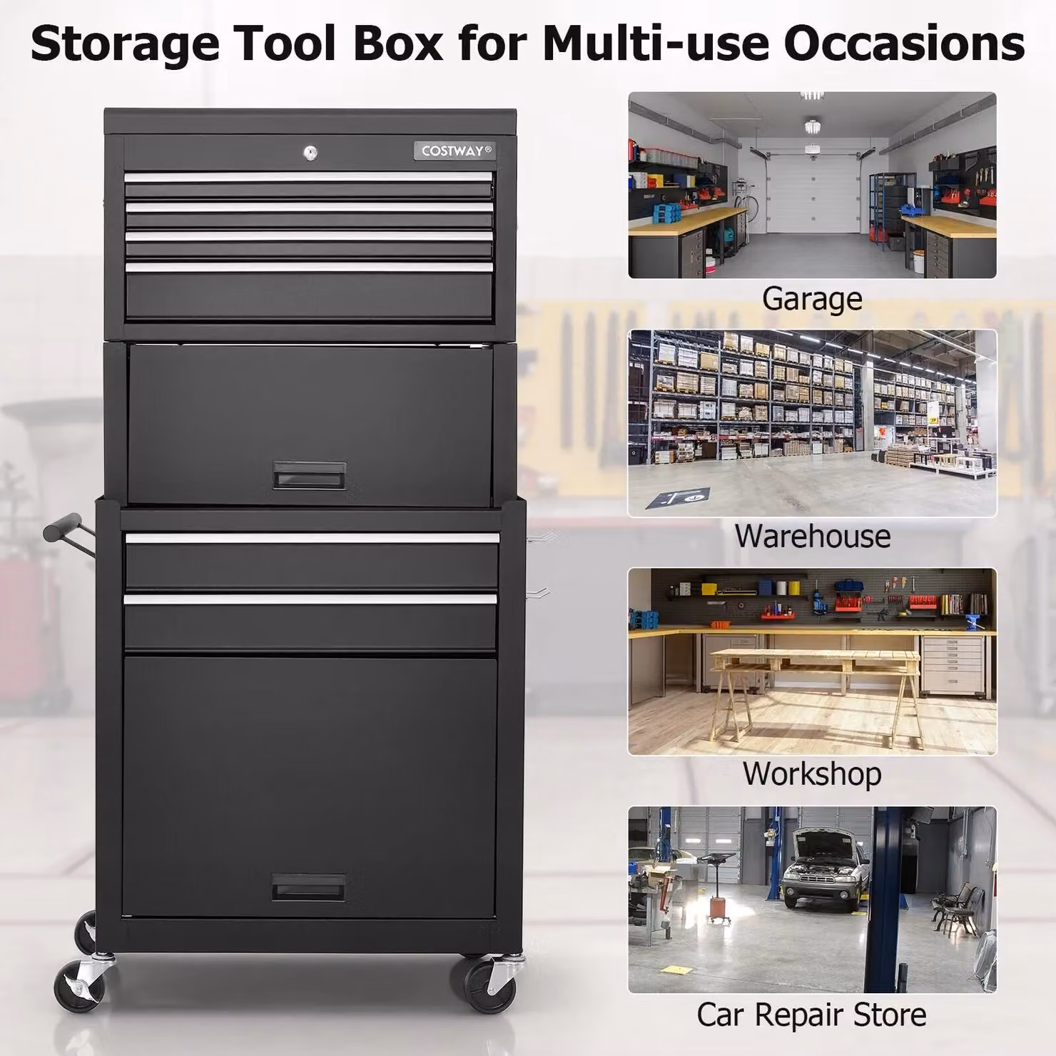 Gymax Lockable Rolling Metal Tool Chest with Drawers, Black – 4