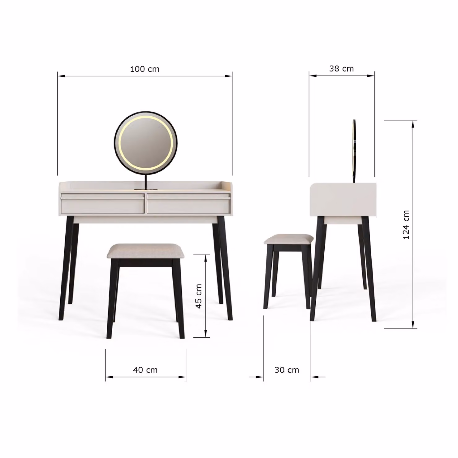 GFW Phoebe Dressing Table with LED Mirror and Stool in Black, Sand or White – 2