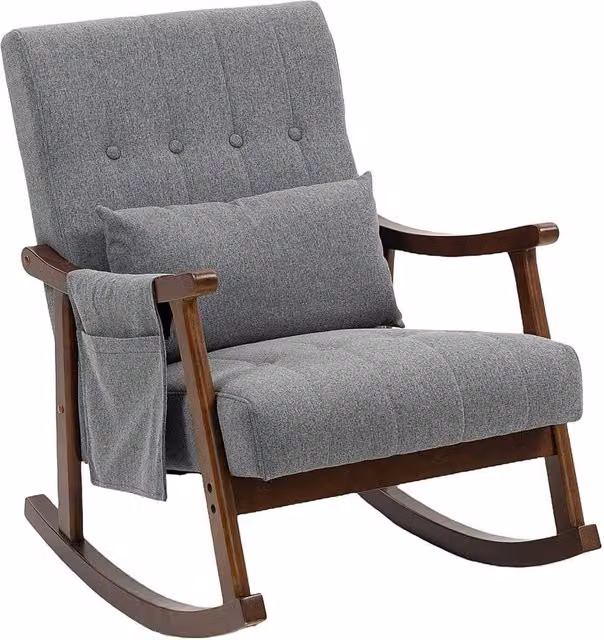 Nordara Grey Modern High-Back Fabric Rocking Chair with Armrests and Solid Wood Legs – 1