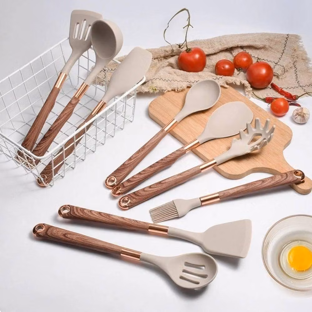 VOGREX 10-Piece Heat Resistant Silicone and Wood Kitchen Utensil Set in Brown – 2