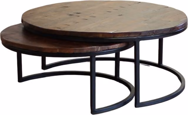 Verty Set of Two Round Mango Wood Coffee Tables with Sled Base in Brown and Black