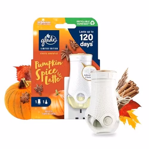 Glade Plug in Air Freshener Starter Kit with Pumpkin Spice Latte Scented Oil Refill, White