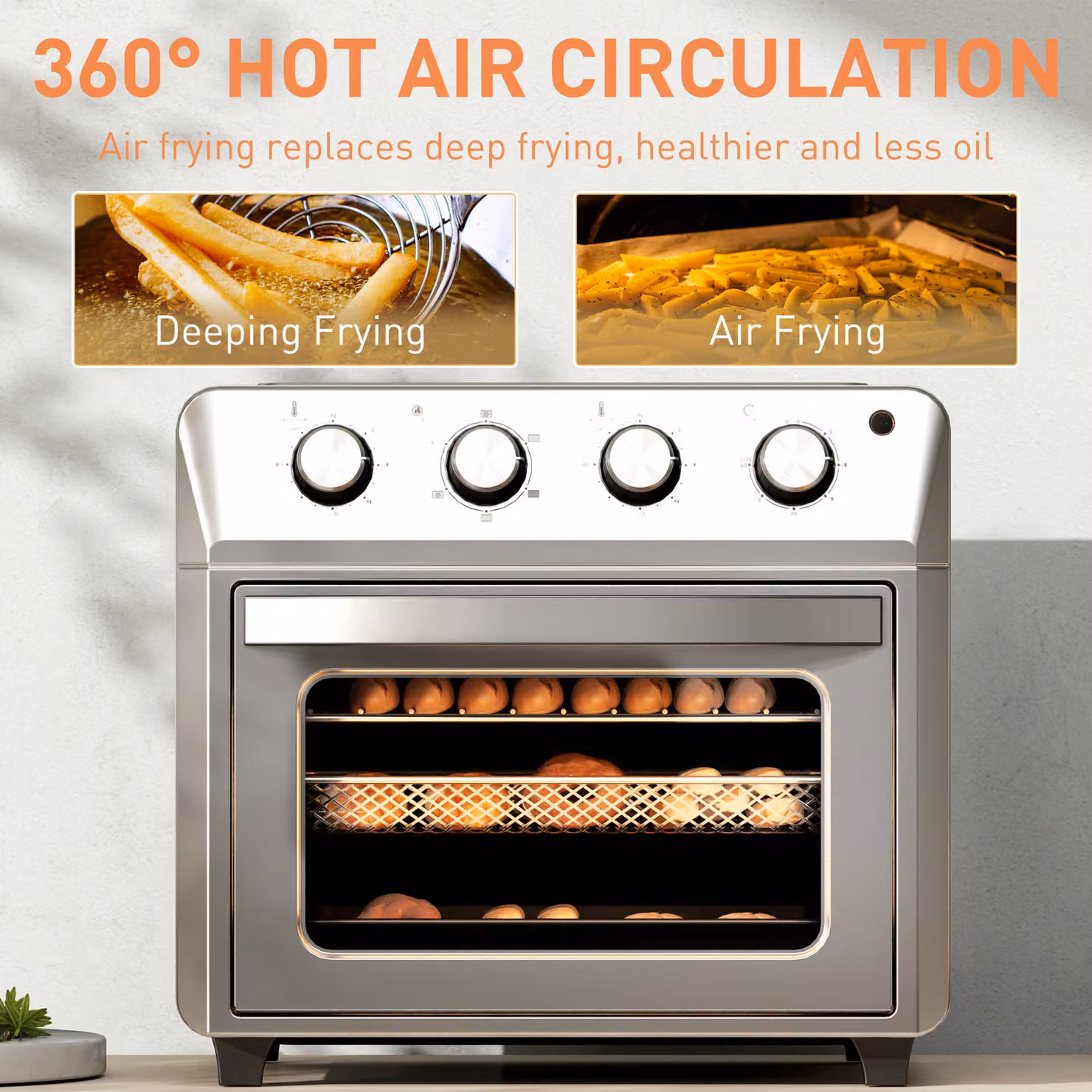 HOMCOM 24L Air Fryer Oven in Silver, 1600W with Grill, Roast and Bake Functions, Adjustable Temperature and Timer – 7