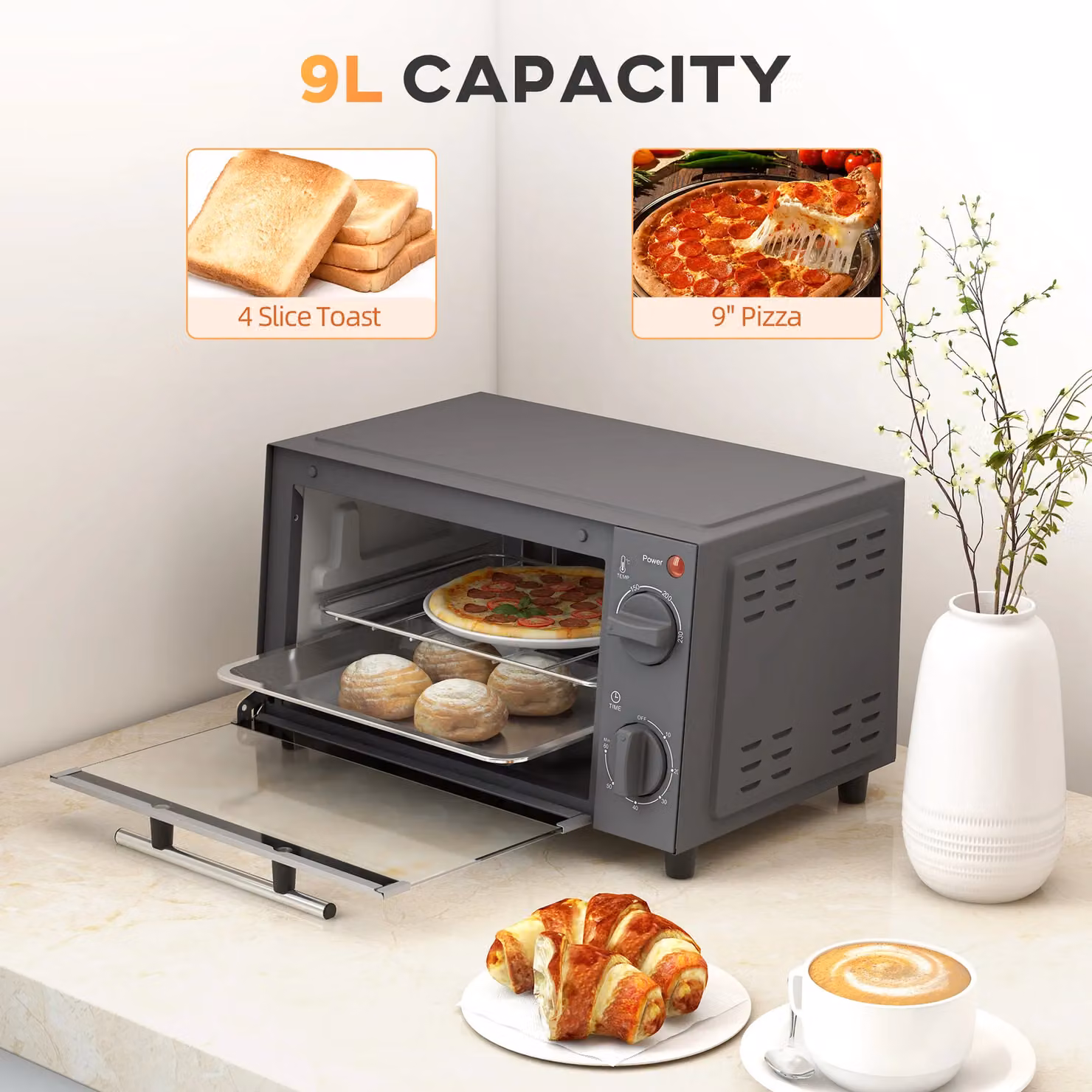 HOMCOM 9L Mini Countertop Electric Grill and Oven with Timer Control, 750W, Grey – 3