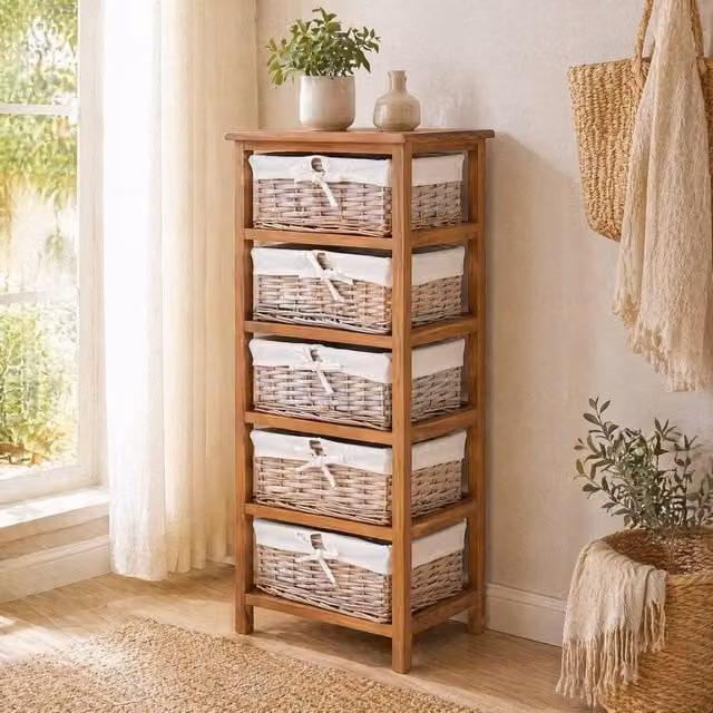 STILVORA 5 Drawer Chest of Drawers with Wicker Baskets in Natural and Beige – 1