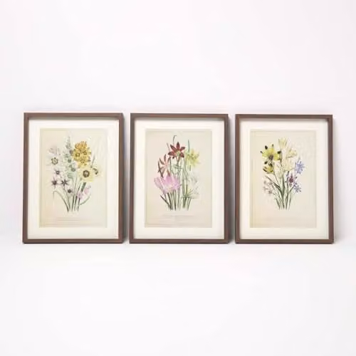 HOMESCAPES Set of 3 Vintage Floral Wall Art Prints in Multicolour and Yellow, W/H: 30 x 40 cm