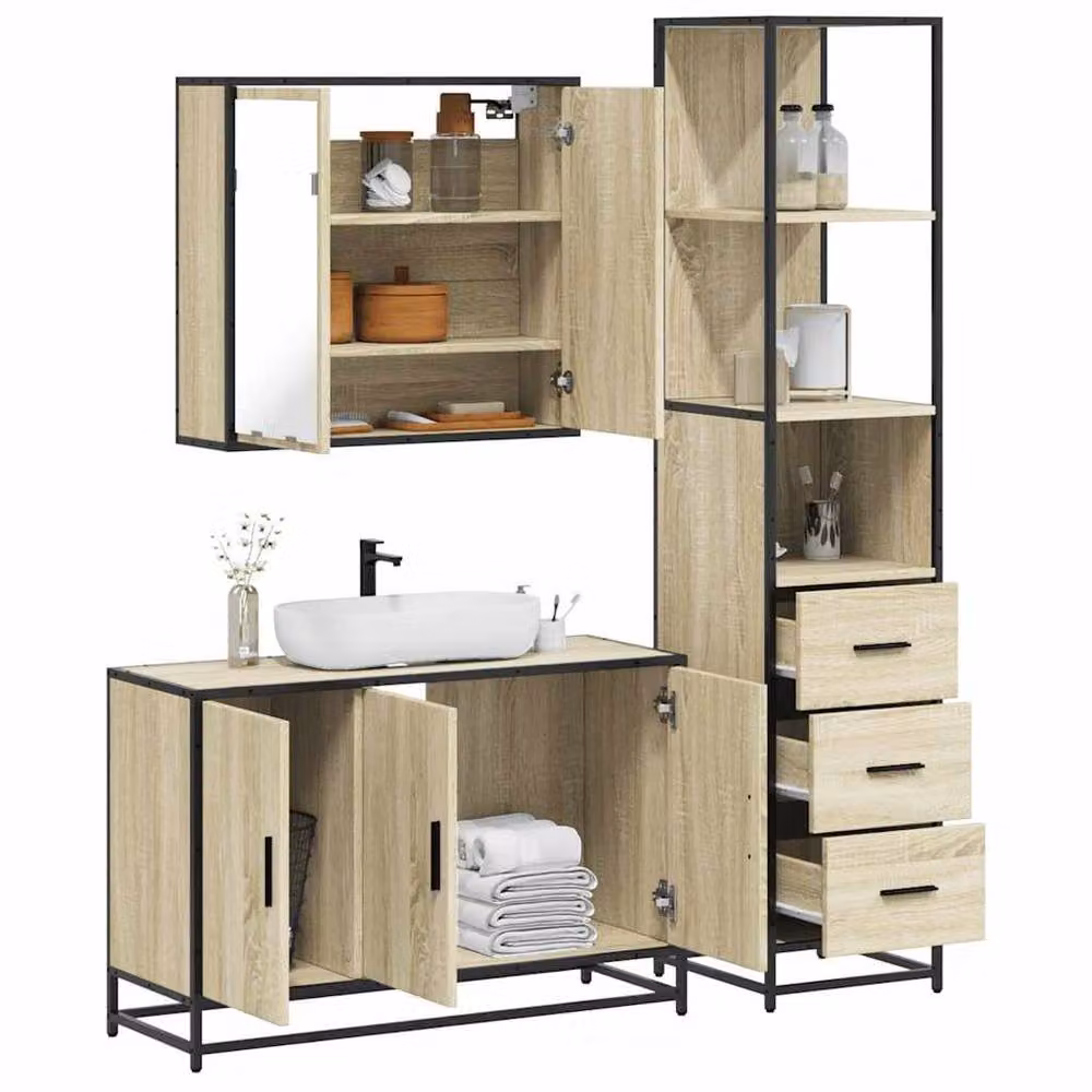 Berkfield Home 3 Piece Industrial Bathroom Furniture Set in Sonoma Oak and Light Brown – 2