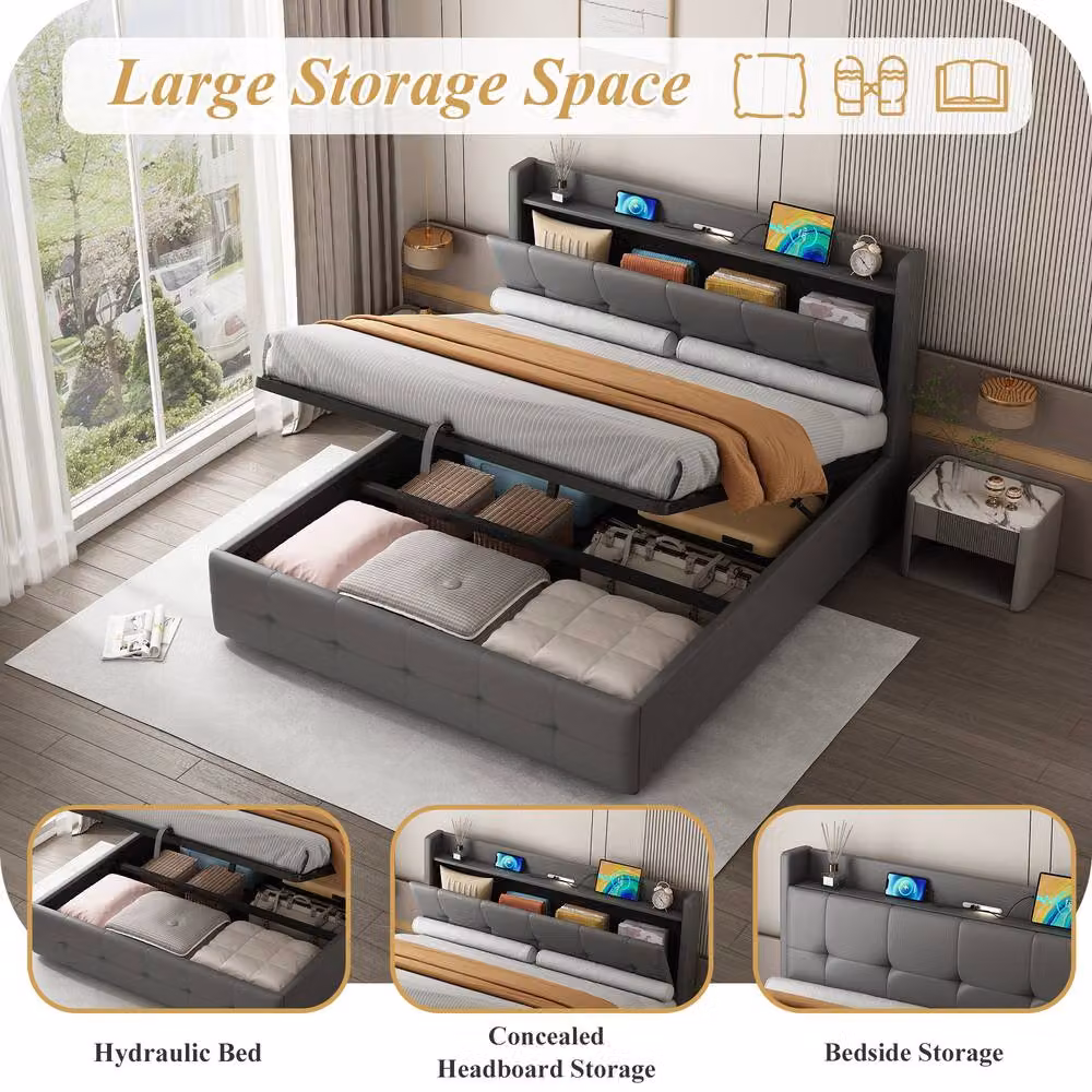 Matteo King Upholstered Ottoman Bed with Storage and USB Charging Ports in Grey (W/D: 180 x 200 cm) – 4