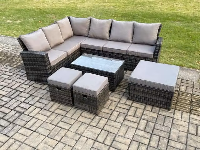 Fimous 9 Seater High Back Rattan Garden Furniture Set with Rectangular Coffee Table and Ottoman in Dark Grey