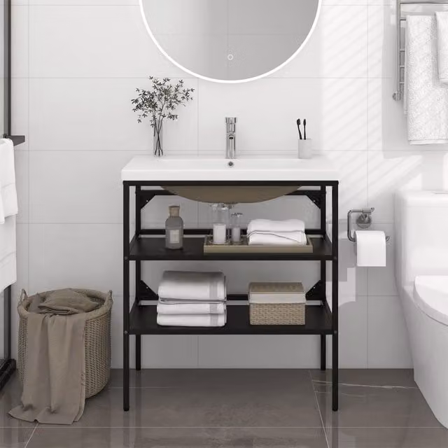 Berkfield Home Modern Bathroom Washbasin Frame with Built-in Ceramic Basin in Matt Black Metal