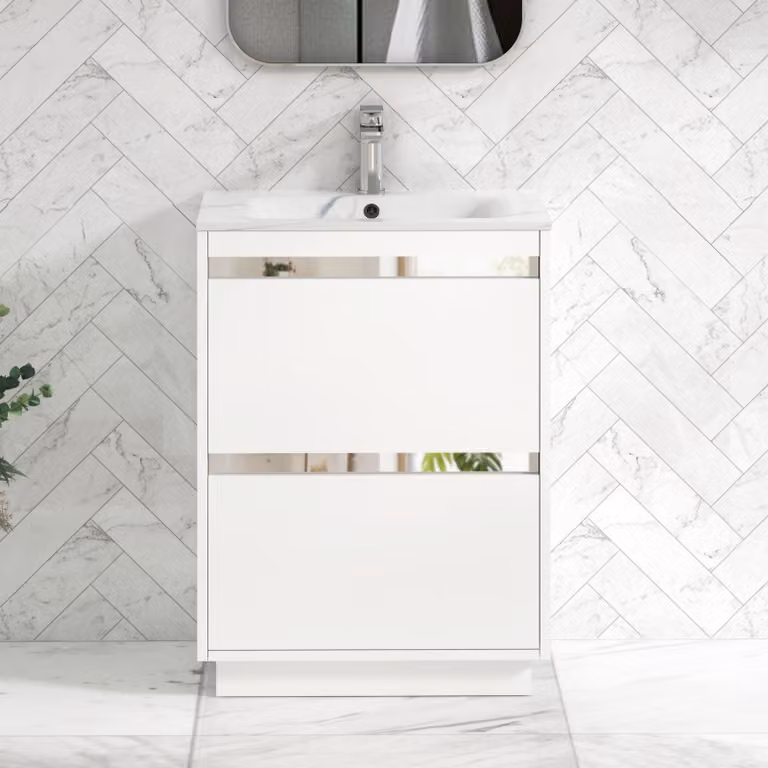 Royal Bathrooms Orion 600mm Floor Standing 2 Drawer Vanity Unit in Matt White with Carrara White Basin and Chrome Accent Trim