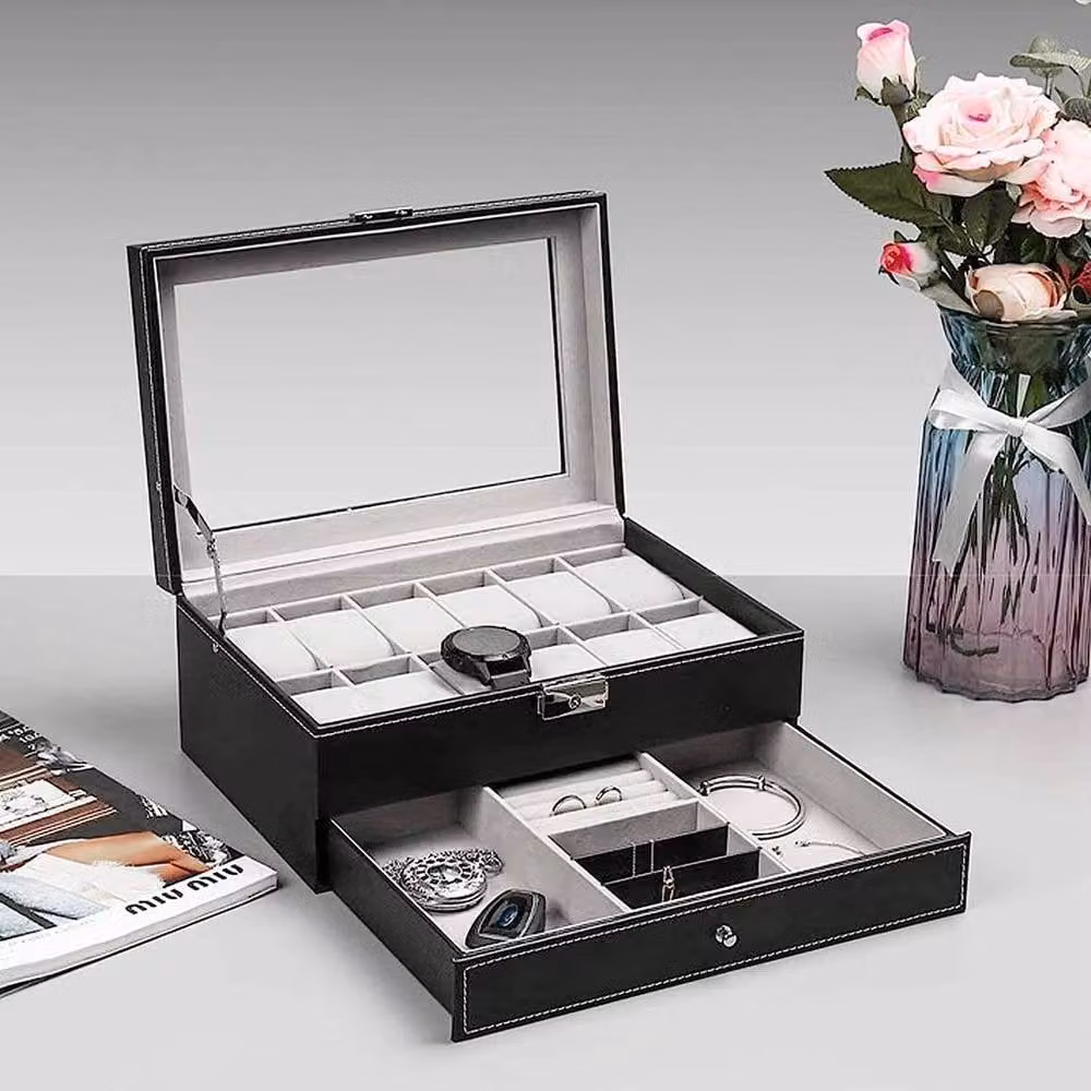 EONLION Black PU Leather Watch Winder and Storage Box with Glass Lid, W: 50.0 cm, D: 30.0 cm, H: 15.0 cm – 3