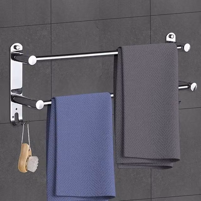 EONLION Silver Stainless Steel Double Towel Rail Holder, Wall Mounted, Width: 60 cm