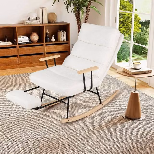 Kelvenix Nursery Rocking Chair in White Velvet and Bouclé with 5-Level Adjustable Backrest and Armrests – 1