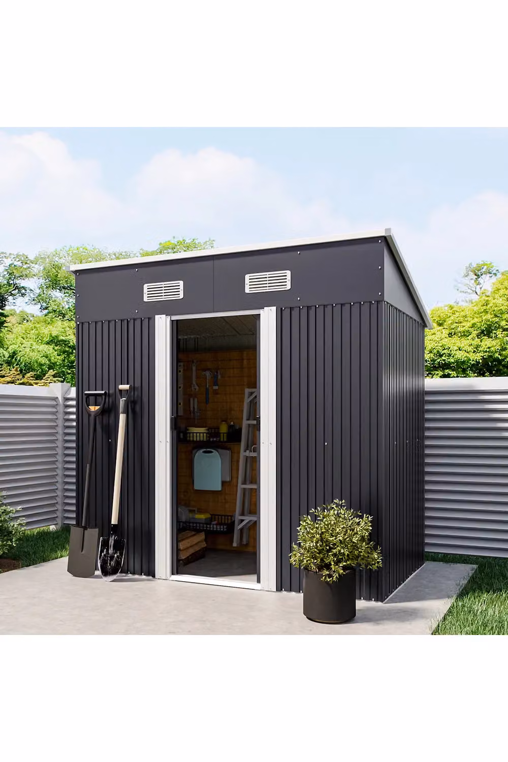 Living and Home Pent Metal Garden Shed with Base Foundation and Double Doors, Black, W: 182 cm, D: 121 cm, H: 194 cm – 3
