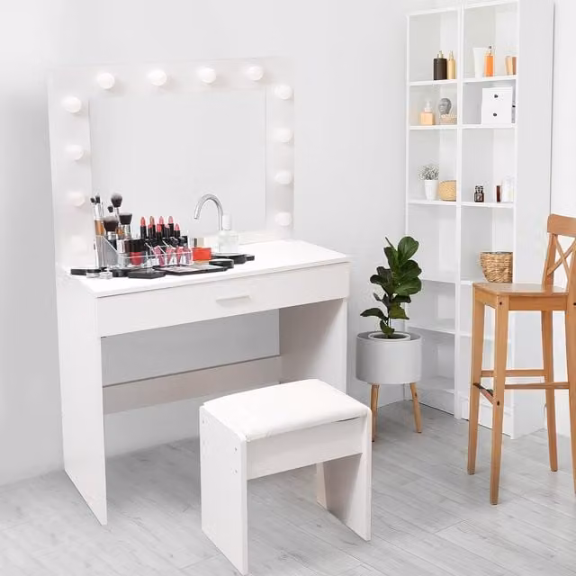 Alivio Hollywood Dressing Table Set with LED Light Mirror, Vanity Table, Cushioned Stool and Large Storage Drawer in White