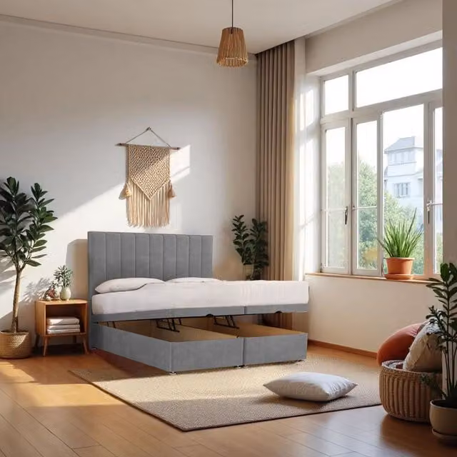 Knight Sleep Paris Small Single End Opening Ottoman Bed with Orthopaedic Hybrid Mattress and 24 inch Headboard in Silver Grey
