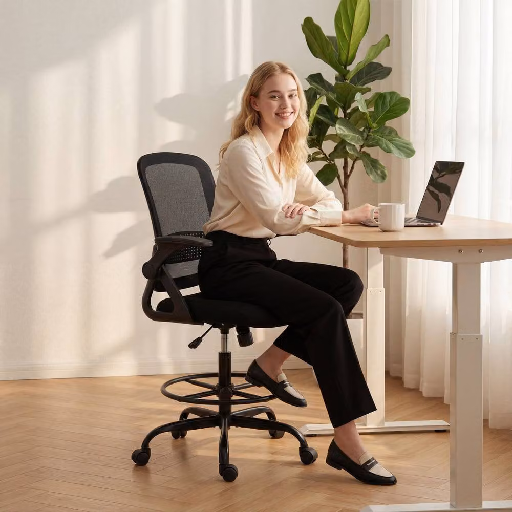 STILVORA Black Fabric Drafting Chair with Flip-up Armrests and Foot Ring – 10