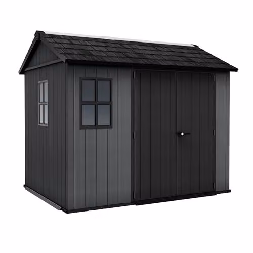 Keter Newton Plus Shed in Anthracite Grey with Wood-Effect Resin, Modular Outdoor Storage with Windows and Side Vent, W/D/H: 287 x 246 x 223 cm