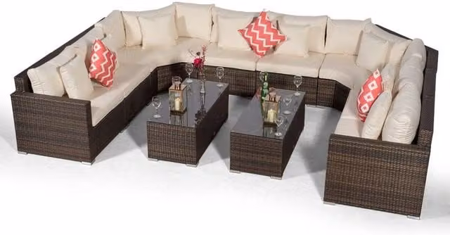 Giardino Santorini 8 Seat Rattan Sofa Set with 2 Large Coffee Tables in Brown and Grey