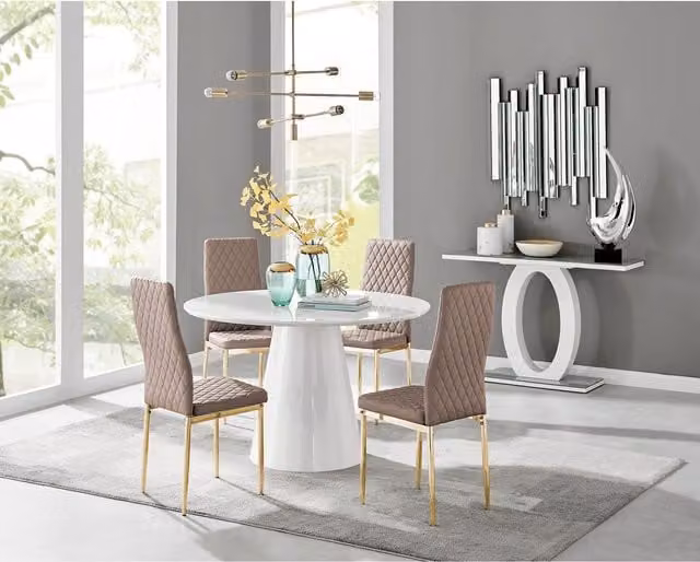 FurnitureboxUK Palma White High Gloss Round Dining Table and 4 Milan Gold Leg Chairs in Grey