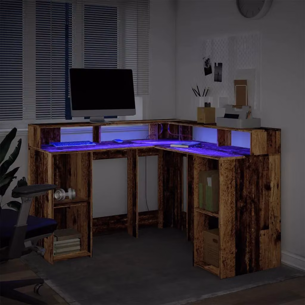 Berkfield Brown Corner Home Office Desk with LED Lights, W/D/H: 130 x 130 x 91 cm – 4