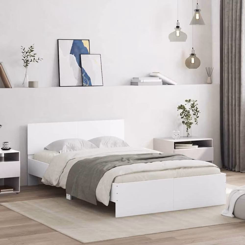 Berkfield Home Modern White Bed Frame with Headboard, LED Under-Bed Lighting and USB Charging Port, W: 140 cm, L: 190 cm – 2