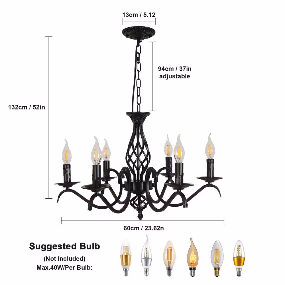 Pheashine Retro Industrial Black Metal Chandelier with Adjustable Chain and E14 Socket – 2