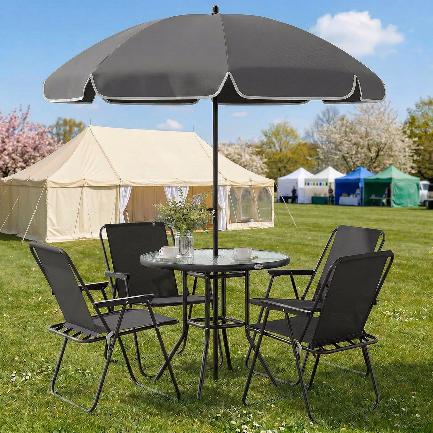 Outsunny 6 Piece 4 Seater Garden Furniture Set with Round Glass Table and Parasol, Black – 2