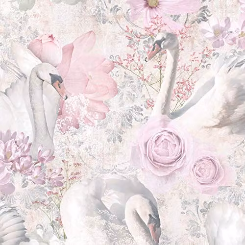 Holden Decor Fantasia Glitter Swans Pink Floral Botanical Wallpaper