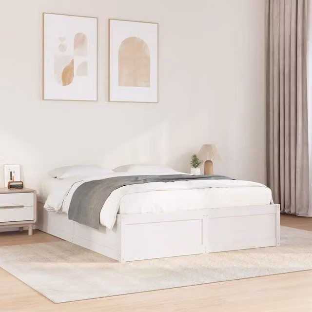 Berkfield Home Modern Solid Wood Pine Bed Frame in White, W/D/H: 140 x 200 cm