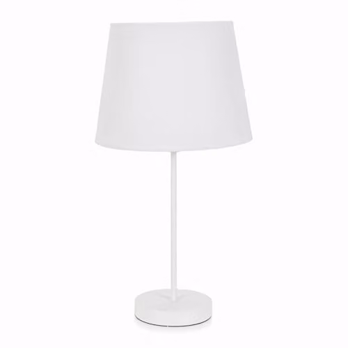 ValueLights White Metal Single Stem Table Lamp with White Tapered Fabric Lampshade and Included LED Bulb