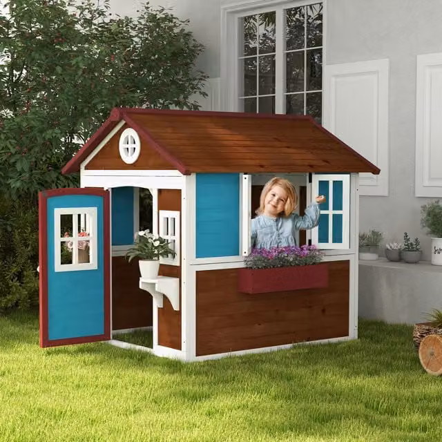 Outsunny Wooden Kids Playhouse with Doors, Windows and Plant Pots in Brown