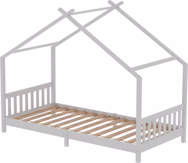 Livingandhome Solid Pine Wood House Frame Bed for Children in White