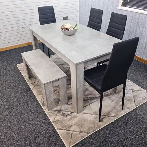 KOSY KOALA Modern 6 Seater Dining Set with Grey Stone Effect Table, 1 Bench and 4 Black Faux Leather Chairs, W/D/H: 117 x 77 x 75 cm – 3