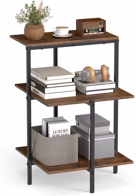 Costway 3-Tier Industrial Square Side Table with Shelves in Brown and Black