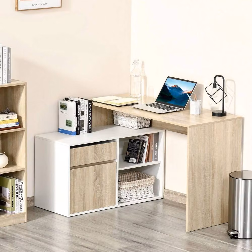 FLAVORA L-Shaped Corner Computer Desk in Sand and White – 2