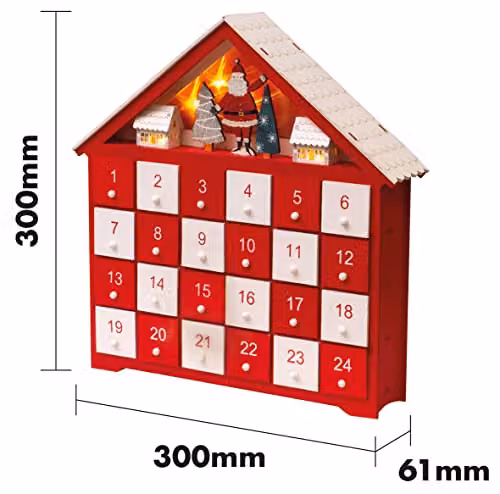 St Helens Home & Garden Wooden Advent Calendar with 24 Drawers and Lights in Red and White – 2