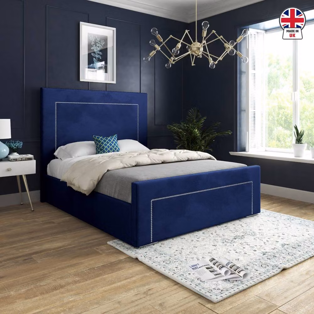 KDMD Lutterworth Upholstered Blue Velvet Designer Bed Frame, W/D/H: 90 x 200 x 137 cm – 3