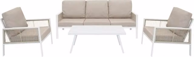 Monstershop 4 Piece White Powder Coated Aluminium Garden Furniture Set with 3 Seater Sofa, 2 Armchairs, Coffee Table and Cushions
