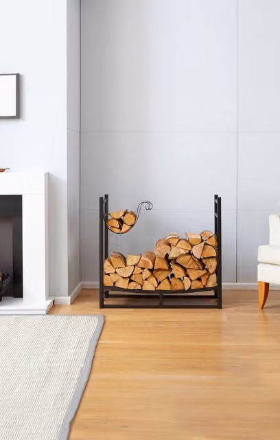 Neo Black Freestanding Metal Indoor Firewood Log Rack with Hooks in Matt Black – 1