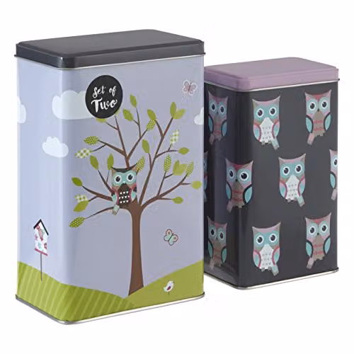 Premier Housewares Happy Owls Metal Storage Canisters, Multicolour, Set of 2 – 1