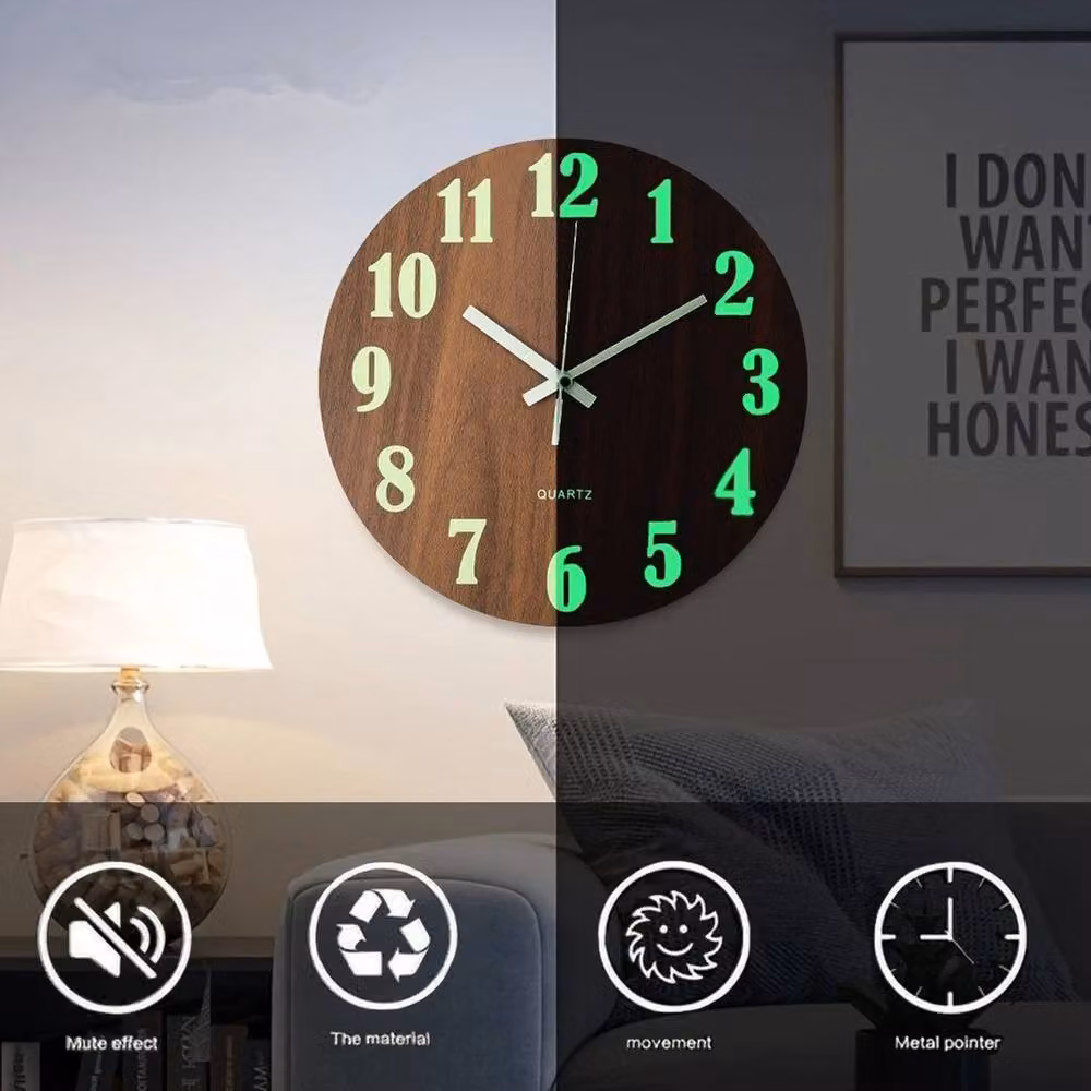 PAWNORA Round Luminous Wall Clock in Dark Brown, Diameter: 30.48 cm – 2