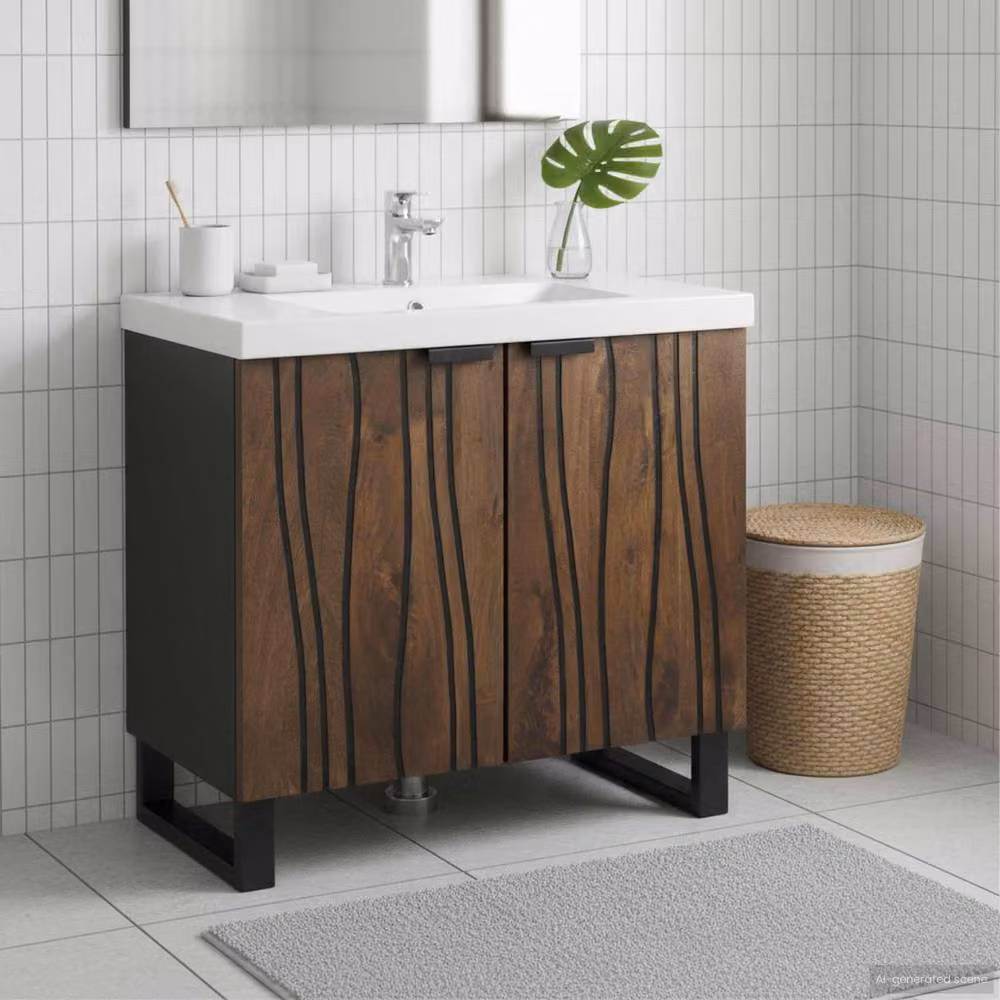 Berkfield Home Modern Mango Wood Bathroom Sink Cabinet, Brown, W: 62 cm, D: 33 cm, H: 58 cm – 2