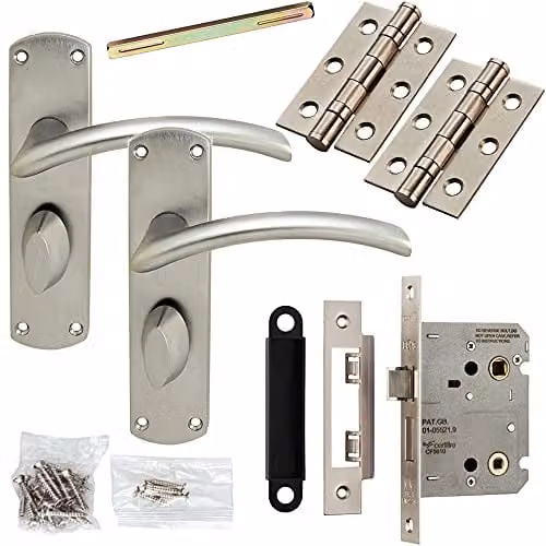 Loops Door Handle and Bathroom Lock Pack in Satin Chrome with Arched Lever Thumb Turn Backplate