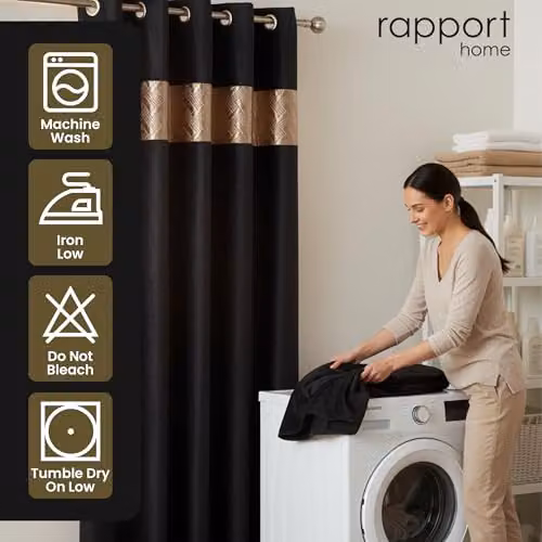 Rapport Home Capri Blackout Eyelet Curtains Pair in Black and Gold, Thermal Insulating Velvet Polyester, W: 180 cm, H: 182 cm – 4