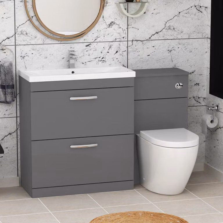 Royal Bathrooms Turin Mid-Edge Floor Standing Bathroom Furniture Pack with 2-Drawer Vanity Unit and Elva Toilet in Indigo Grey Gloss