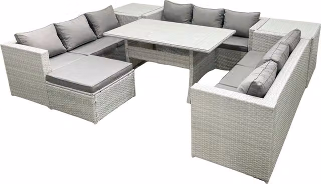 Fimous 10 Seater Rattan Garden Furniture Set with Rectangular Dining Table, Large Footstool and 2 Side Tables in Light Grey – 1