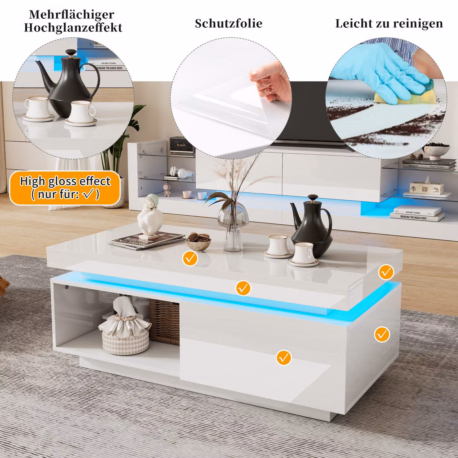 Aosom.UK High Gloss LED Sofa Table with Remote-Controlled Lighting, Modern White Coffee Table with Drawer and Open Display Shelf, W: 50 cm, D: 50 cm, H: 40 cm – 3