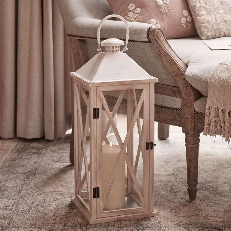 Lights4fun Folkestone Large White and Brown Wooden Rustic Lantern with TruGlow LED Candle, H 59.3 cm x W 23.8 cm x D 23.8 cm